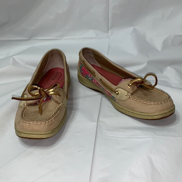 Sperry Cream Leather and Sparkly Pink Floral Pattern Loafers size 8.5 - Picture 1 of 9
